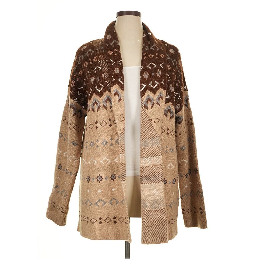 Lucky Brand Tribal Aztec Boho Open Cardigan Brown Tan Long Sweater Women’s XL - Picture 2 of 10